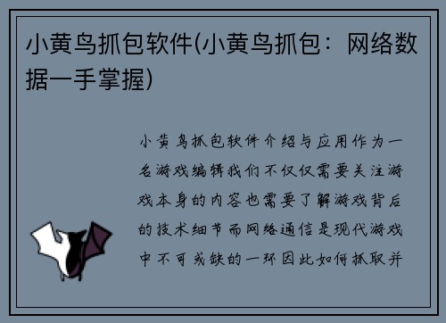 小黄鸟抓包软件(小黄鸟抓包：网络数据一手掌握)